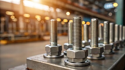 Close-up of metallic bolts and nuts arranged neatly on a surface, with a blurred industrial background highlighting the details.