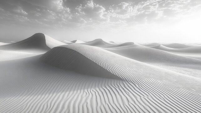 Monochrome desert landscape with undulating sand dunes under a cloudy sky.