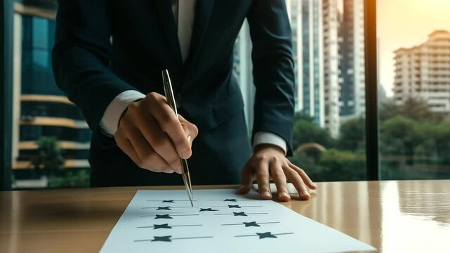 A business professional in formal attire completes a feedback form, carefully selecting options that influence service improvement.