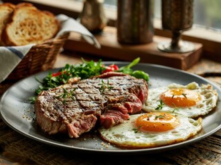 Hearty steak with fried eggs served on a plate alongside fresh greens and toast in a cozy dining setup