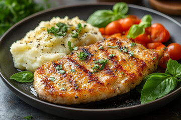 Crispy pork schnitzel with mashed potatoes and a side of vegetables
