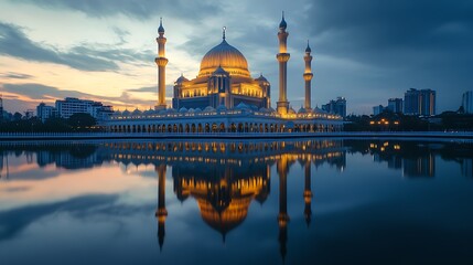 Fototapeta premium Majestic mosque at twilight, reflected in a serene lake.