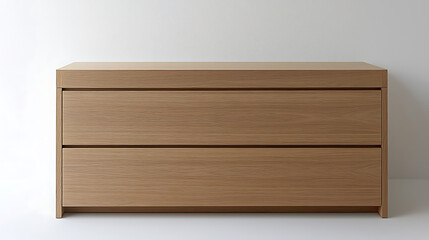 A wooden dresser with two drawers sits in front of a white wall