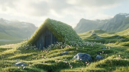 Rustic cabin nestled in a grassy mountain meadow