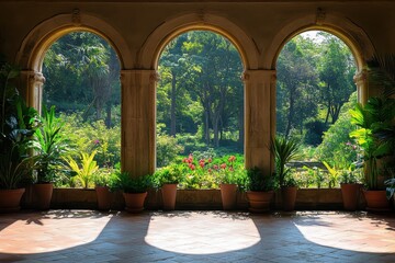 Fototapeta premium Arched stone terrace with potted plants, overlooking a lush green garden vista. Ideal for showcasing tranquility, nature, or architectural beauty projects.