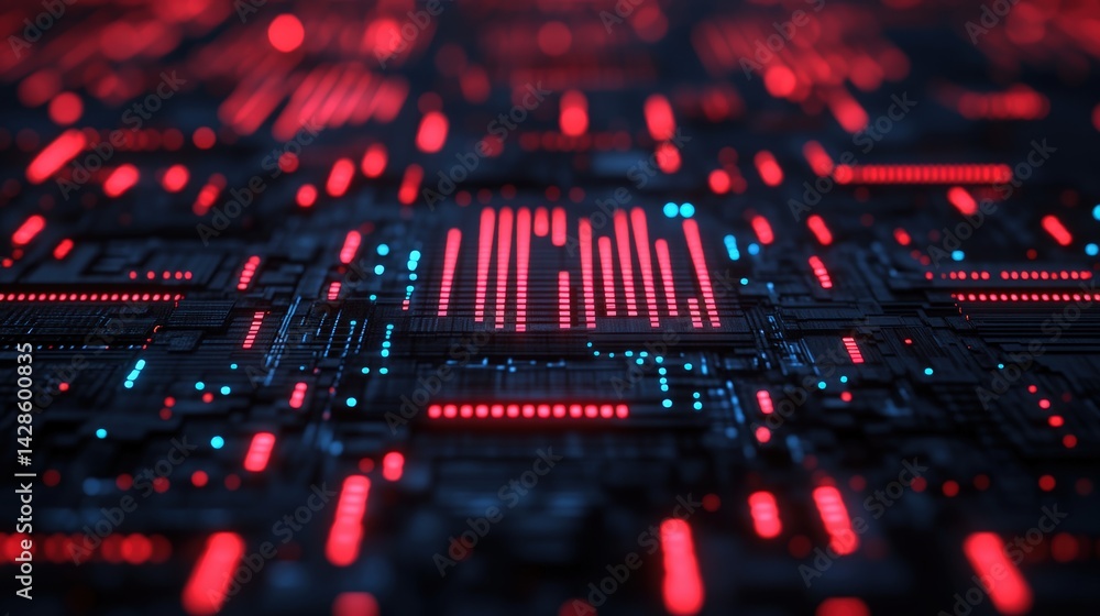 Poster abstract digital background of smart city infrastructure with red and blue lights representing techn