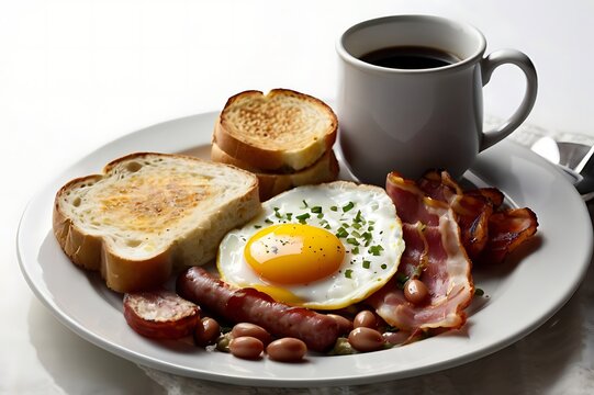 Enjoy a hearty morning meal featuring fried eggs, crispy bacon, toasted bread, savory sausage, and baked beans.