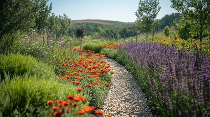 Sunlit garden path flanked by vibrant orange flowers and fragrant lavender, leading to a lush, green landscape under a clear sky.