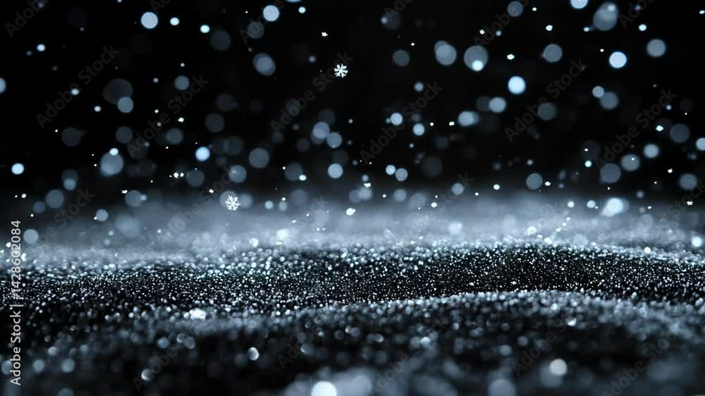 Poster delicate snowflakes falling onto a glittery textured surface with soft bokeh highlights in a cool da