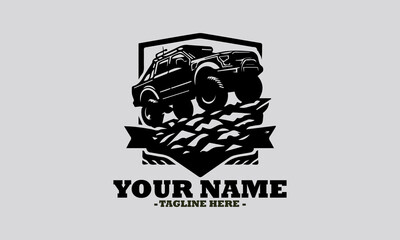 silhouette illustration of a powerful off-road pickup truck navigating a rugged rocky terrain with a decorative banner. Off road car logo icon design illustration and off road car vector logo design