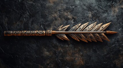 A tribal-style arrow with intricate engravings and a feathered tail, set against a dark background.