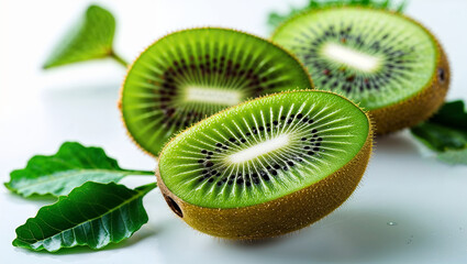 Fresh Kiwi Fruit Slices On White Background Close Up Still Life