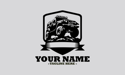 silhouette illustration of a powerful off-road pickup truck navigating a rugged rocky terrain with a decorative banner. Off road car logo icon design illustration and off road car vector logo design