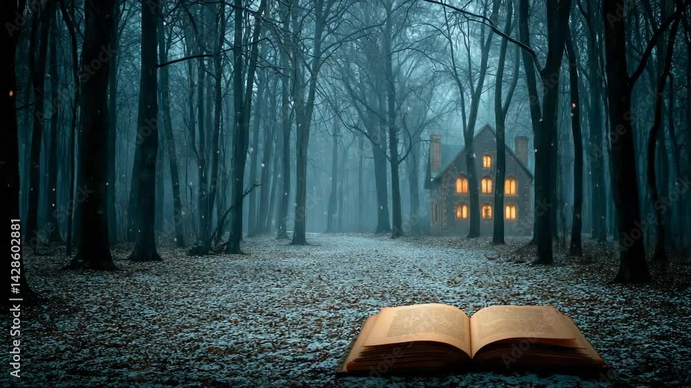 Poster open book on snowy ground facing illuminated house within dark misty forest setting with tall trees 