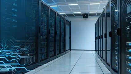 A modern data center corridor lined with server racks, featuring sleek architecture and advanced technology elements.