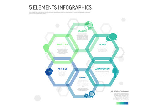 Five blue and green hexagon Elements Infographics Design Template on white background