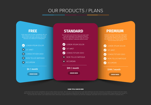 Pricing Table for Free, Standard, and Premium Plans on color panels and black background