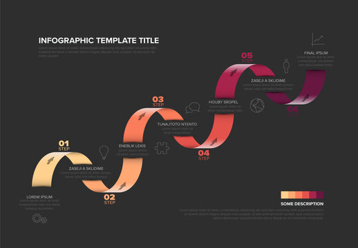 Colorful dark Six-Step Gradient Infographic Template Design wit red color ribbon stripe and icons