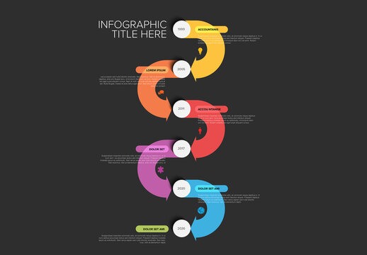 Colorful Dark Timeline Infographic with Milestones and Circular arrows, icons, and text