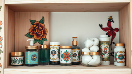 "Elegant Handcrafted Skincare Display with Traditional Floral Decor – Natural Beauty Products Shelf Aesthetic"