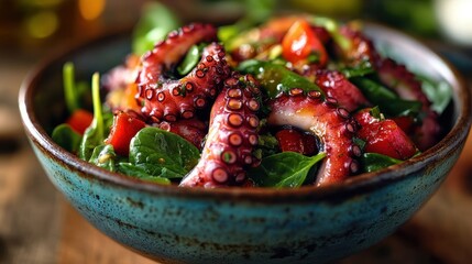 Close up of octopus salad with spinach and tomatoes in a rustic bowl. Showcase seafood restaurants, healthy diets, or Mediterranean cuisine.