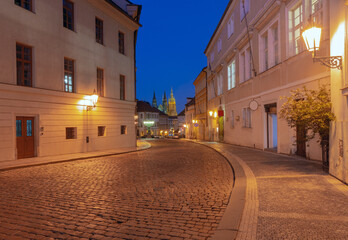 St Vitus Cathedral and street in Prague Czech Republic at night