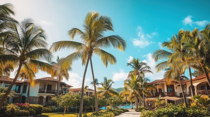 A tropical resort with open-air buildings and palm trees swaying under a clear blue sky.