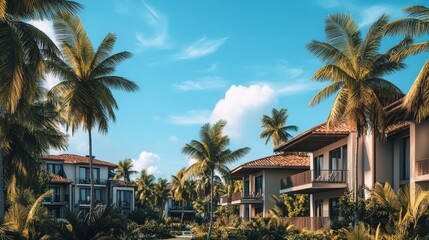 Obraz premium A tropical resort with open-air buildings and palm trees swaying under a clear blue sky.
