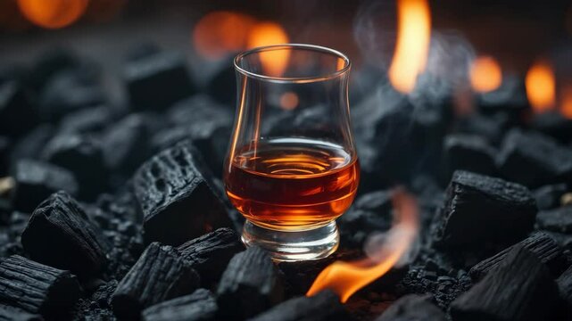 Brandy snifter perched on glowing embers. Concept of robust drinks.