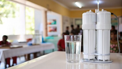 Water filtration system in a classroom with a glass of clean water in the foreground, highlighting health and hydration.