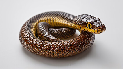 Obraz premium Brown And Yellow Snake Coiled On A White Background Reptile Close Up