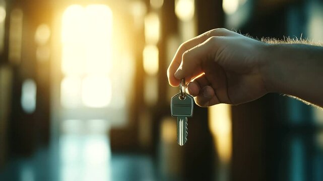 A couple, full of happiness and anticipation, insert the keys into their new home, with packed boxes and the promise of a fresh start visible in the background.