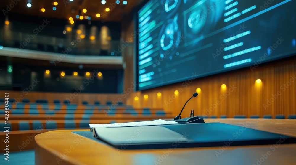 Poster a university lecture podium with notes and a digital screen displaying information