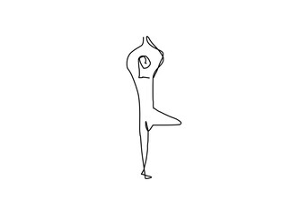 line minimalist illustration of a person performing a standing yoga pose on one leg.