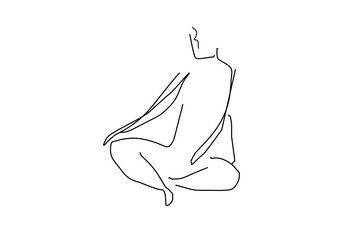 line minimalist illustration of a person performing a standing yoga pose on one leg.