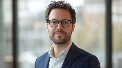 Obraz premium Professional Headshot: A confident individual with eyeglasses, radiating professionalism and approachability, stands against a clean backdrop in a formal business attire.
