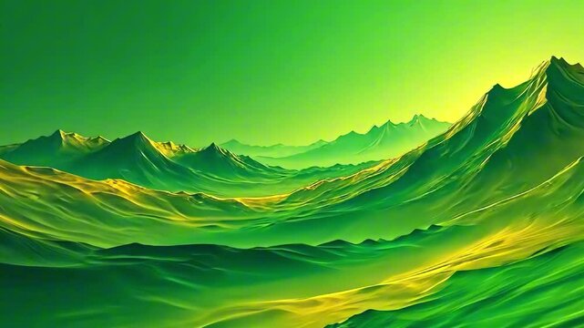 Stunning green mountain landscape features rolling hills and peaks, illuminated by soft light, as the camera pans to capture the serene atmosphere and intricate details
