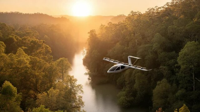 Flying over a river at dawn in a futuristic electric vertical takeoff and landing vehicle, forested landscape and bright sunrise