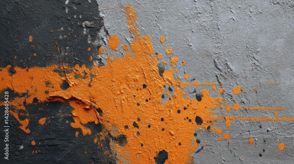 Poster a stunning image of bold splash of orange paint on a textured grey wall, creating an abstract patter