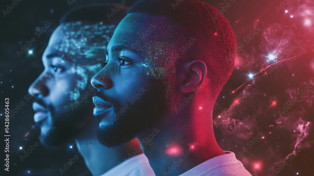 Poster digital men futuristic technology red blue neon glowing profile portraits abstract artificial intell