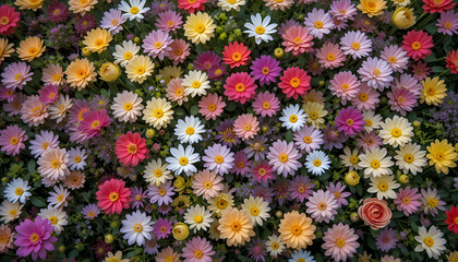 Mosaic of Spring: Overhead Perspective of a Blossoming Garden in Full Bloom