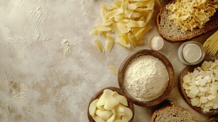 Various pasta, bread, flour and dairy products lay on a floured surface. Good for recipe blogs or food related marketing and advertising needs.