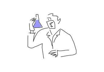 Minimalist line art illustrations of scientists and researchers working in a laboratory.