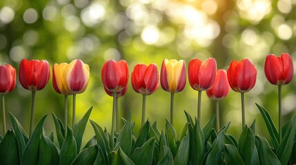 Tulips arrayed a gradient bloom bokeh sunshine