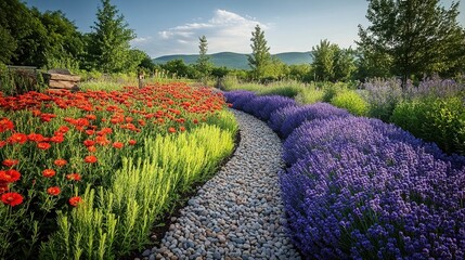 Meandering pebble garden trail bordered by expansive fields of red flowers and purple lavender, with a scenic backdrop of hills and clear skies.