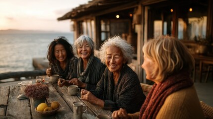 multiracial elderly friends sitting on porch sharing tea in evening sun aging with dignity community diversity in senior lifestyle