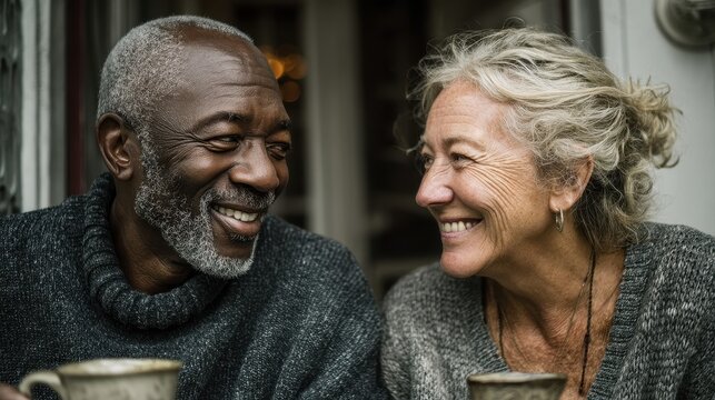 multiracial elderly friends sitting on porch sharing tea in evening sun aging with dignity community diversity in senior lifestyle