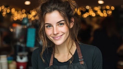 smiling barista serving coffee in brightly lit café casual work environment service industry hospitality employment cheerful vibe