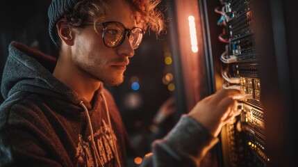 IT specialist working with servers in dimly lit data center technology employment cybersecurity career high tech infrastructure
