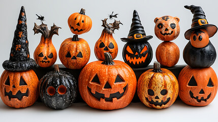 Decorative halloween pumpkins with carved faces and witch hats isolated on white background